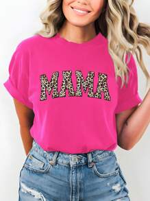INAWLY Leopard Patterned Letter Print Round Neck Short Sleeve T-Shirt, Perfect For Mother Day And Casual Occasions Graphic Cheetah Print Tees Women Tops