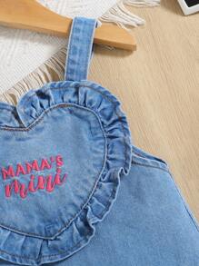 SHEIN Salopette in denim per bambine con motivo 'Love' e ricamo con lettere, adatte per esterni e tempo libero, tessuto lavato ad acqua confortevole