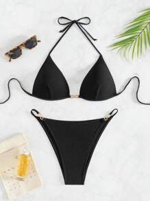 SHEIN Swim 女性時尚經典比基尼套裝 - 黑色 - 查看 8