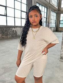 SHEIN Ensemble de top et de short décontracté en tricot de sport pour fille Tweens, taille étendue, couleur unie, col rond, manches courtes et amples, pour printemps et été - Beige - Voir 5