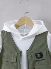 SHEIN Young Boy Casual Solid Color Sleeveless Jacket And Long Pants With Hooded Sweatshirt Outfit - Army Green - View 3