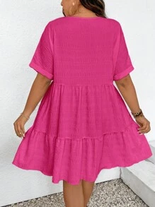 SHEIN Frenchy Plus Size Holiday Casual Solid Color Textured Batwing Sleeve Babydoll Dress