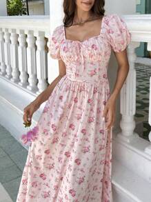 KARISMINA Holiday Women's Floral Print Puff Short Sleeve Dress,For Summer Vacation, Women Summer Clothing