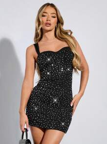 SHEIN BAE Black Exquisite Rhinestone Embellished Solid Color Summer Dress For Dress Party, Country Concert, Music Festival Outfits And Concert Outfits - Black - View 2
