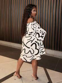 Slaydiva Robe élégante et sexy pour vacances avec imprimé géométrique abstrait, ample, à volants, à épaules dénudées et avec ceinture - C - Nude - Voir 3