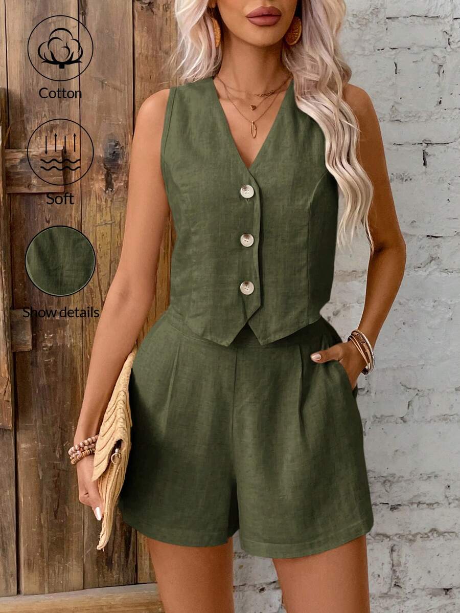 SHEIN Frenchy 2pcs Women V-Neck Sleeveless Button Blouse And Loose Casual Shorts Set Two Pieces V-Neck Vest Suit In Fall/Winter Green - Green - View 1