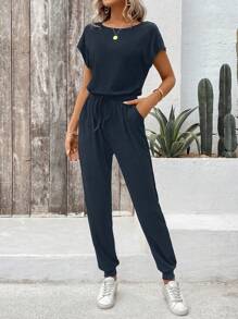 SHEIN LUNE Bộ jumpsuit nữ thời trang với thiết kế vai bất đối xứng và thắt eo. - Xanh đậm - Xem 5