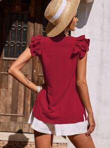 Breezaya Ladies Simple Solid Color V-Neck Layered Ruffle Armhole Blouse For New Year Clothes