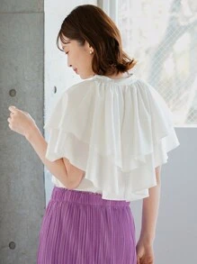 FRIFUL Women's Summer Casual Solid Color Tie Neck Ruffle Trim Blouse - Beige - View 5