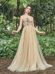 Faeriesty Luxe 亮片甜心领紧身胸衣撞色网眼下摆晚礼服 - 黃色 - 查看 7