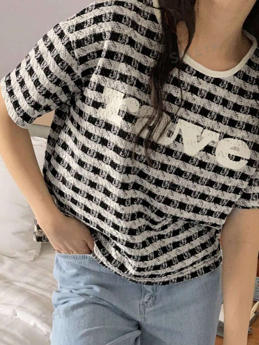 DAZY Camiseta holgada de mujer a cuadros negro y blanco