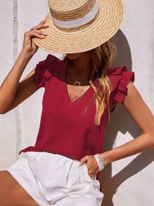Breezaya Ladies Simple Solid Color V-Neck Layered Ruffle Armhole Blouse For New Year Clothes