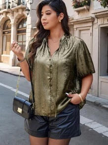 SHEIN Unity 大码女式夏季纯色系带短款泡泡袖优雅衬衫，带有金属质感，适合新年假期聚会服装
