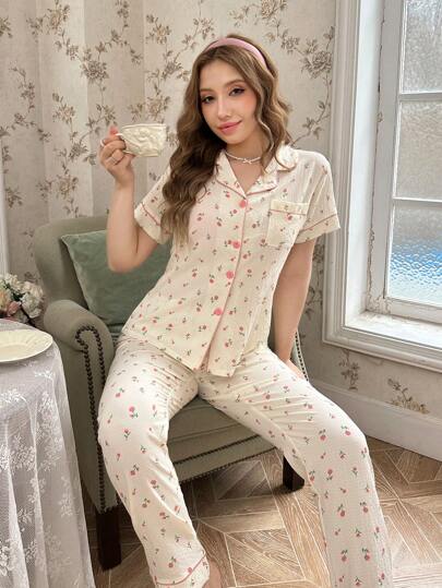 CottageSlumber Ditsy Floral Print Contrast Piping PJ Set / Pajama Set Bountiful Floral Splendor  Cozy And Elegant Details