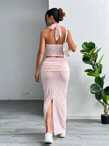 Flirla Women Summer Halter Neck Sleeveless Top With Drawstring Waist Long Skirt 2pcs Casual Set