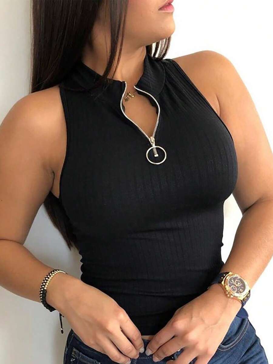 ChicMe 女士无袖罗纹高领拉链修身休闲背心 - 黑色 - 查看 1