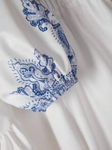 SHEIN Two-Piece Set For Tween Girl Vacation, V-Neck  Print Blouse And Pants - White - View 6