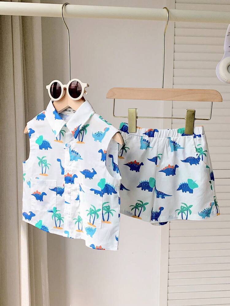 Baby Boy Cartoon Dinosaur Pattern Sleeveless Shirt And Elastic Waist Shorts Set