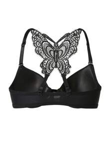 SHEIN 女士背部連接蝴蝶花邊文胸，聚攏和成型杯式前扣 - 黑色 - 查看 3