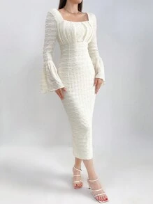 Modelyn 女士时尚纯色长袖喇叭裙长款晚礼服 - 白色 - 查看 5