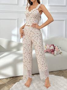 Bộ đồ ngủ quần dài không tay in hoa Jacquard có dây đeo bản rộng cho nữ - Màu be - Xem 6