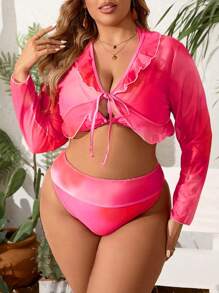 SHEIN Swim Curve 大码女式扎染露背性感比基尼套装带罩衫上衣适合海滩度假夏季 - 彩色 - 查看 4