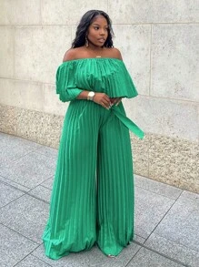 Slaydiva Vacation Green Off Shoulder Ruffle Neckline Pleated Long  Jumpsuit - Green - View 6