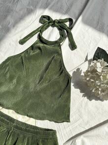 Elamini Của phụ nữ Màu thuần Halter Neck Không tay Áo Và Bộ quần short - màu xanh lá - Xem 4