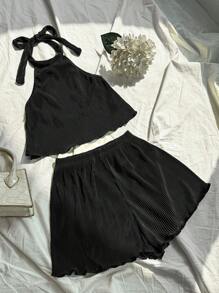Flirla Conjunto de top halter y pantalones cortos sencillos para mujer