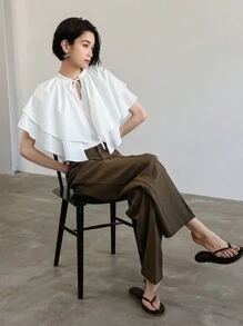 FRIFUL Women's Summer Casual Solid Color Tie Neck Ruffle Trim Blouse - Beige - View 2