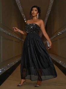 SHEIN Belle 大码女式夏季拼接亮片露肩优雅连衣裙，适合派对聚会超长女装 - 黑色 - 查看 5