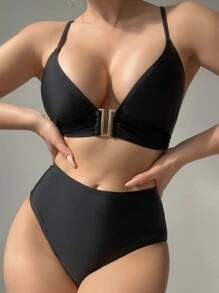 SHEIN Swim Women's Solid Color Bikini Set With Bra And Swimwear, Perfect For Vacation,Summer Beach - Black - View 5