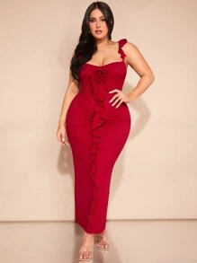 SHEIN BAE Plus Size Women Elegant Wine Red Ruffle Trimmed Strappy Dress - Burgundy - View 6