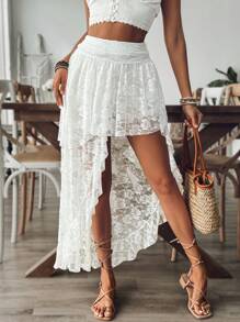Breezaya Women Holiday Solid Color Lace High-Low Skort With Elegant Appearance