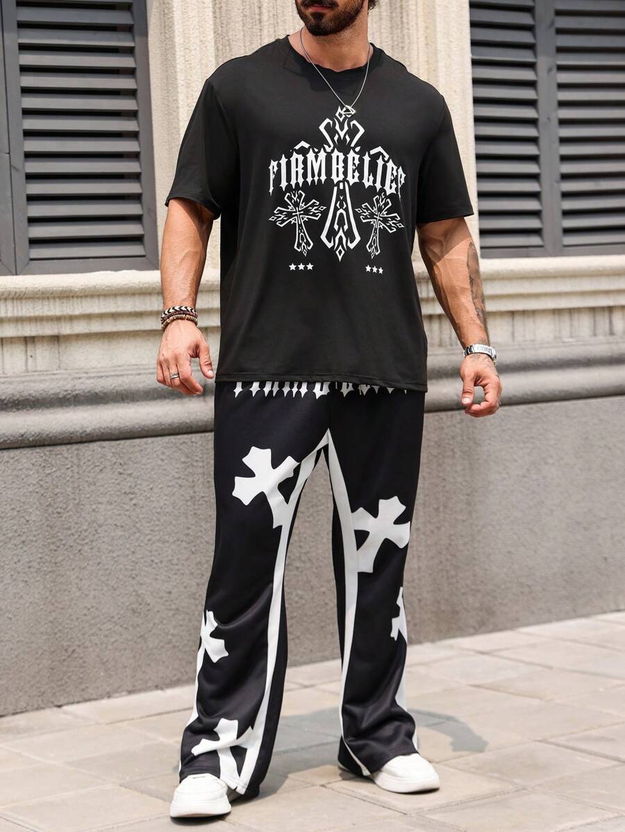 Manfinity Roughcore 男款大碼夏季信號交叉印花短袖休閒T恤和長褲套裝 - 彩色 - 查看 1