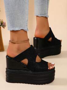 Women's Wedge Platform Sandals, 12cm Thick Soles Strap High Heel Waterproof Platform Summer Wedge Slippers, Black Open Toe Shoes