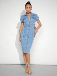 Denimoi Button Up Belted Bodycon Denim Dress - Light Wash - View 3