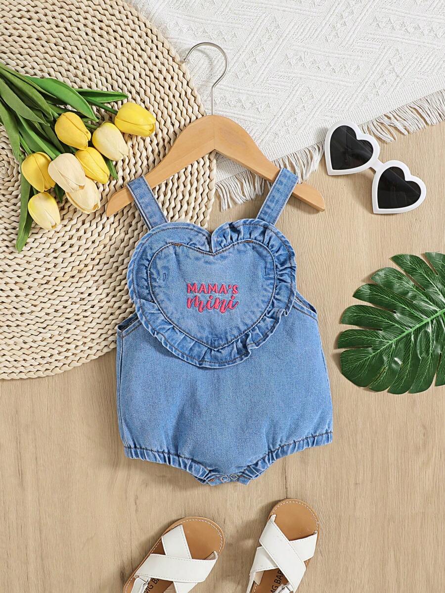 SHEIN Salopette in denim per bambine con motivo 'Love' e ricamo con lettere, adatte per esterni e tempo libero, tessuto lavato ad acqua confortevole