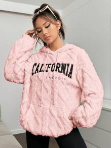 SHEIN EZwear Letter Embroidery Drop Shoulder Drawstring Hoodie,Long Sleeve Tops Autumn Winter Clothes For Women - Pink - View 1