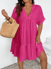 SHEIN Frenchy Plus Size Holiday Casual Solid Color Textured Batwing Sleeve Babydoll Dress