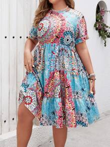 SHEIN Clasi Vestido de verano para mujer de talla grande con cuello redondo, mangas cortas y estampado floral para vacaciones - Celeste - Ver 5