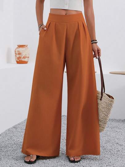 EMERY ROSE Women's Solid Color Wide Leg Pleated Loose Fit Pants For Daily Commute Fall Cloth For Women