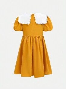 SHEIN Leap Crew 適合10-14歲少女色塊刺繡裝飾水手領蓬蓬袖時尚可愛洋裝