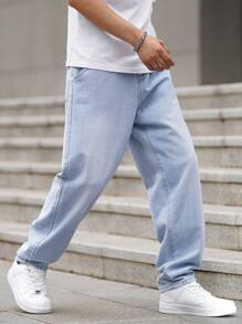 Manfinity Homme Quần Jeans Ống Thẳng Ống Rộng Rộng Thường Ngày Cho Nam Có Túi Mặc Hàng Ngày Quần Jeans Cargo Màu Xanh Nhạt Dài Đã Giặt Sáng Màu, Quần Jeans Nhẹ Dành Cho Chồng, Quà Tặng Bạn Trai - Rửa nhẹ - Xem 3