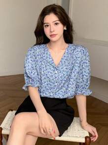 DAZY Women Loose Short Sleeve Shirt With Floral Turn-Down Collar Vacation Outfits Women Easter Boho - Blue - View 3