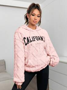 SHEIN EZwear Letter Embroidery Drop Shoulder Drawstring Hoodie,Long Sleeve Tops Autumn Winter Clothes For Women - Pink - View 5