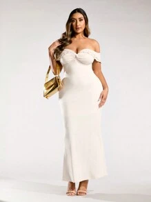 SHEIN BAE Plus Size Women's Solid Color Summer Sweet One-Shoulder Ruffle Long Dress