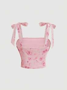 SHEIN MOD Summer Romantic Flower Printed Tie Shoulder Tank Top