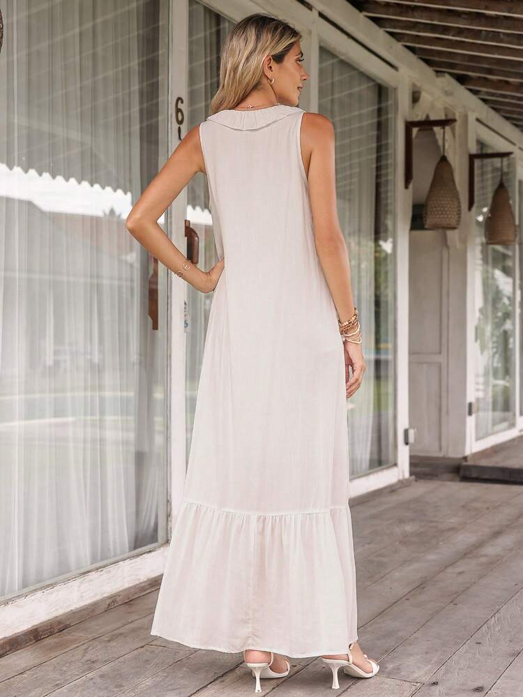 Summer Beach Street Style Casual Vacation Linen Long White Dress With Ruffled Trim For Women