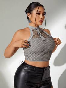 SHEIN ICON Plus Size Solid Hollow Out Halter Neck Street Style Summer Crop Tank Top